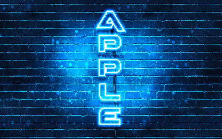 4k, apple blue logo, vertikaler text, blau brickwall -, apple-neon-logo, creative, apple-logo, cover, apple
