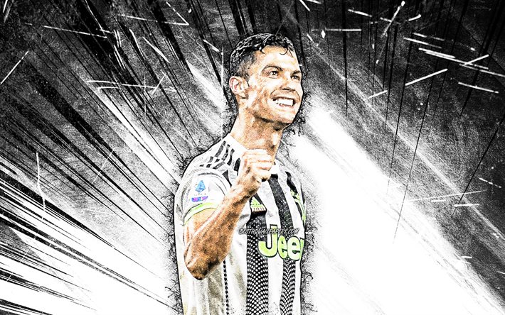 4k, Cristiano Ronaldo, grunge de l&#39;art, de la Juventus FC, nouvel uniforme, CR7, Italie, CR7 de la Juve, portugais footballeurs, noir, abstrait, les rayons, les Bianconeri, l&#39;Italie, le foot, les stars du football, Serie A, Cristiano Ronaldo 4K