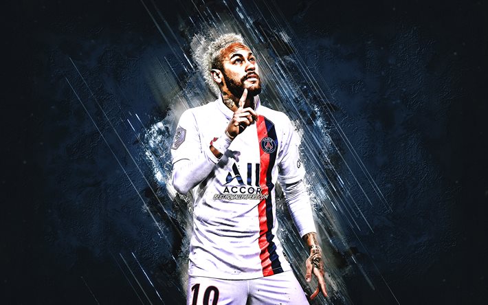 Neymar Jr, PSG, portrait, Paris Saint-Germain, white uniform PSG 2020, blue stone background, Ligue 1, France, Champions League, Neymar