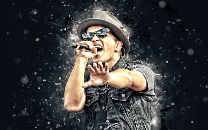 Bruno Mars, 4k, cantante estadounidense, blanco, luces de ne&#243;n, las estrellas de la m&#250;sica, Peter Gene Hern&#225;ndez, american celebridad, fan art, Bruno Mars 4K