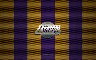 Los Angeles Lakers-logo, American basketball club, metalli-tunnus, violetti-keltainen metalli mesh tausta, Los Angeles Lakers, NBA, Los Angeles, California, USA, koripallo