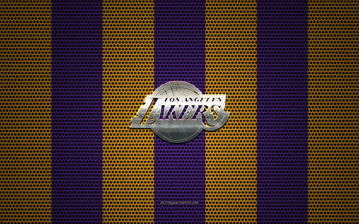 Los Angeles Lakers logo, American basketball club, metal emblem, purple-yellow metal mesh background, Los Angeles Lakers, NBA, Los Angeles, California, USA, basketball