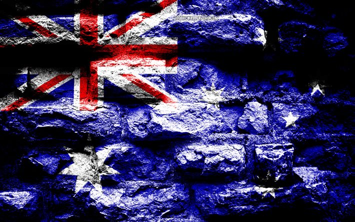australien, flagge, grunge-ziegel-textur, flagge australien, fahne auf mauer, flaggen von ozeanien l&#228;nder