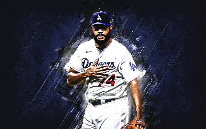 Kenley Jansen, Los Angeles Dodgers, MLB, joueur de baseball n&#233;erlandais, fond bleu pierre, baseball, Major League Baseball