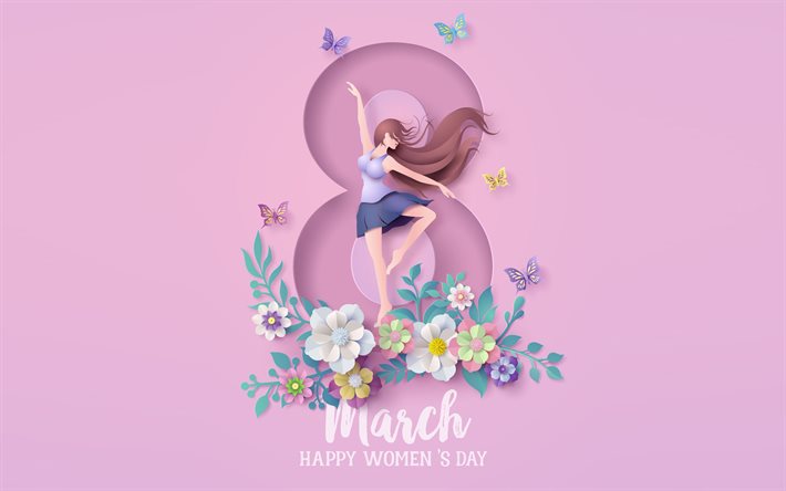8 mars, lila bakgrund, International Womens Day, 8 March gratulationskort, Happy Womens Day, 8 mars grattis