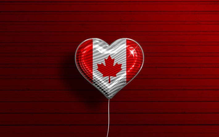 Amo il Canada, 4k, palloncini realistici, fondo di legno rosso, paesi nordamericani, cuore bandiera canadese, paesi preferiti, bandiera del Canada, palloncino con bandiera, bandiera canadese, Nord America, amore Canada