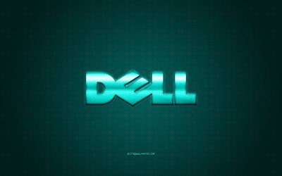 Dell logo, turquoise carbon background, Dell metal logo, Dell turquoise emblem, Dell, turquoise carbon texture