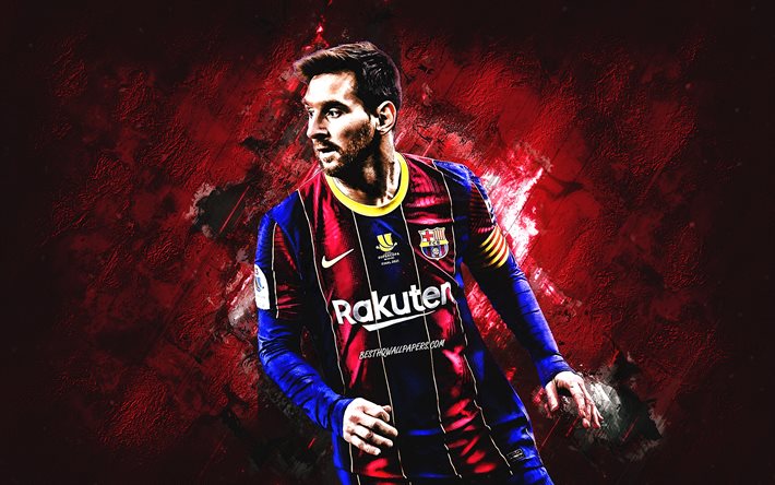 Lionel Messi, FC Barcelona, sfondo di pietra bordeaux, La Liga, Spagna, Catalogna, calcio, star del calcio mondiale, calciatore argentino