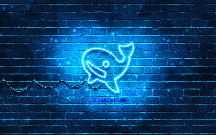 Icona al neon di balena, 4K, sfondo blu, simboli al neon, balena, creativo, icone al neon, segno di balena, segni di animali, icona di balena, icone di animali