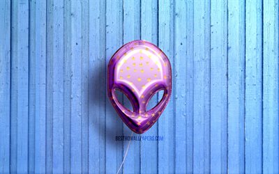 4k, Alienware logo, violet realistic balloons, Alienware 3D logo, blue wooden backgrounds, Alienware