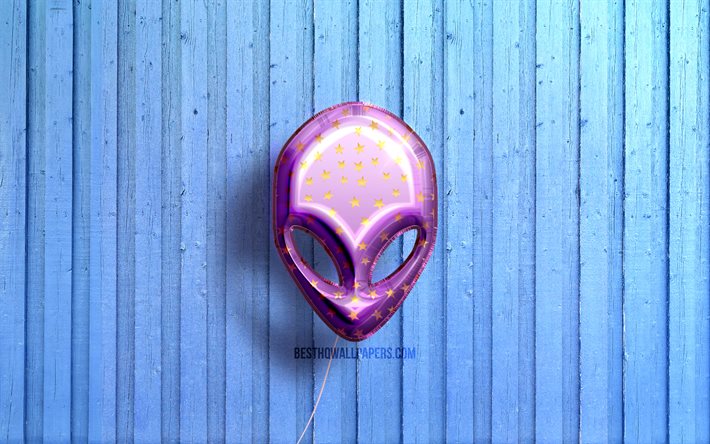 4k, alienware-logo, violette realistische luftballons, alienware 3d-logo, blaue holzhintergr&#252;nde, alienware