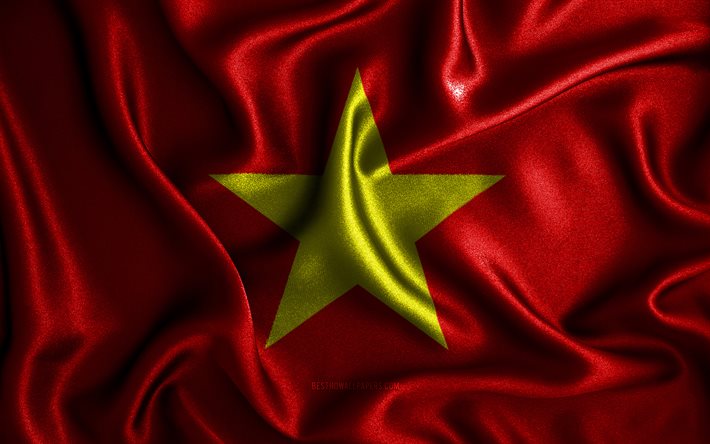 Vietnam bayrağı, 4k, ipek dalgalı bayraklar, Asya &#252;lkeleri, ulusal semboller, Vietnam Bayrağı, kumaş bayraklar, 3D sanat, Vietnam, Asya, Vietnam 3D bayrak