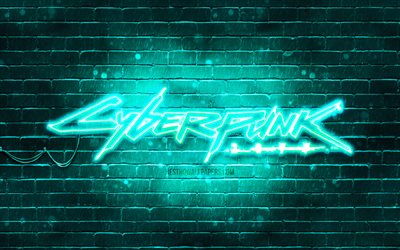شعار Cyberpunk 2077 باللون التركوازي, 4 ك, brickwall الفيروز, القيام بأعمال فنية, شعار Cyberpunk 2077, آر بي جي, شعار Cyberpunk 2077 النيون, فيلم Cyberpunk 2077