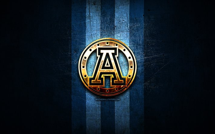 Toronto Argonauts, gyllene logotyp, CFL, bl&#229; metall bakgrund, kanadensiskt fotbollslag, Canadian Football League, Toronto Argonauts logo, kanadensisk fotboll