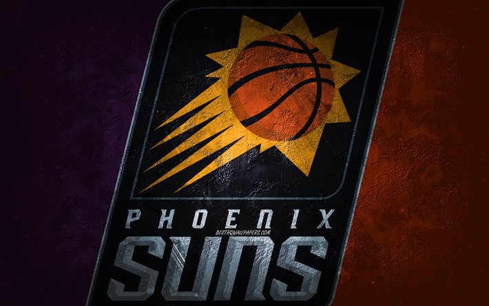 Phoenix Suns, amerikanskt basketlag, lila orange sten bakgrund, Phoenix Suns logotyp, grunge konst, NBA, basket, USA, Phoenix Suns emblem