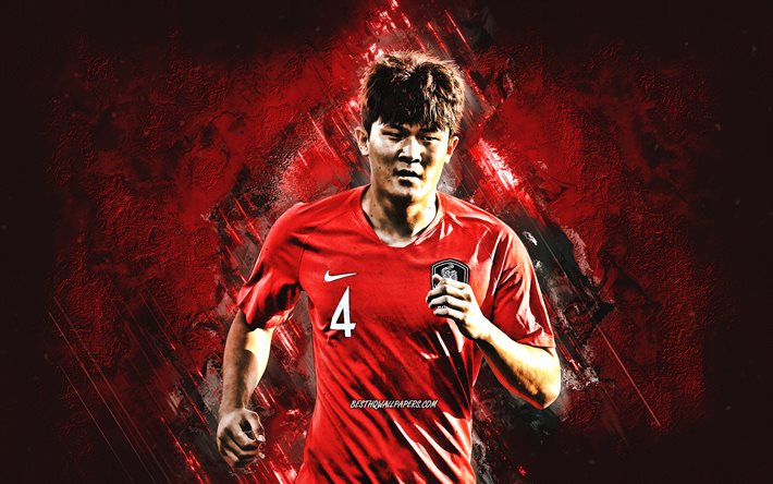 Kim Min-jae, sydkoreanska fotbollsspelare, Sydkoreas fotbollslandslag, r&#246;d stenbakgrund, Sydkorea, fotboll