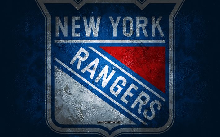 New York Rangers, squadra di hockey americana, sfondo di pietra blu, logo dei New York Rangers, arte grunge, NHL, hockey, USA, emblema dei New York Rangers
