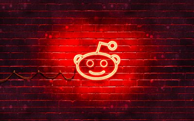 Logo rouge Reddit, 4k, brickwall rouge, logo Reddit, r&#233;seaux sociaux, logo n&#233;on Reddit, Reddit