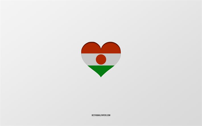 J&#39;aime le Niger, les pays d&#39;Afrique, le Niger, fond gris, le coeur du drapeau du Niger, le pays pr&#233;f&#233;r&#233;, l&#39;amour du Niger