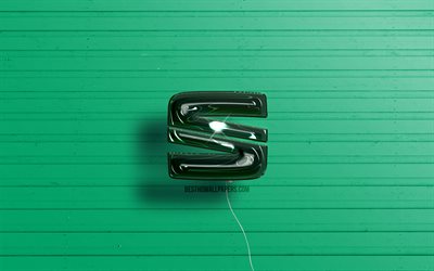 Logo 3D Seat, 4K, palloncini realistici verde scuro, logo Seat, sfondi in legno verde, Seat