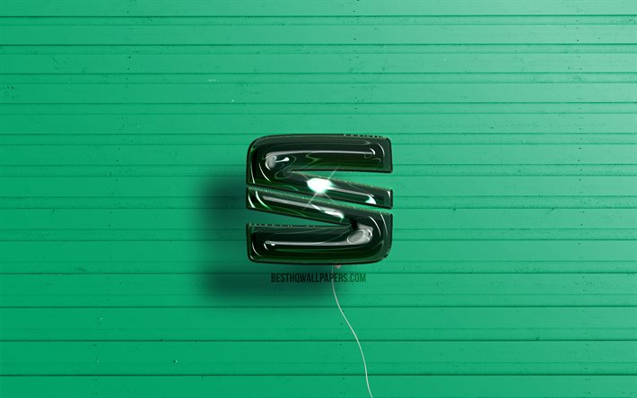 Logo 3D de si&#232;ge, 4k, ballons r&#233;alistes vert fonc&#233;, logo de si&#232;ge, arri&#232;re-plans en bois vert, si&#232;ge