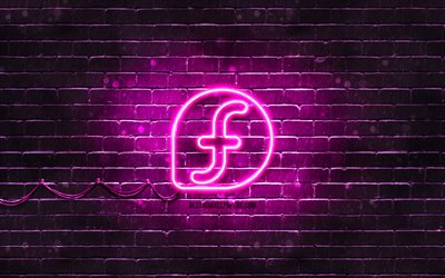 Logo violet Fedora, 4k, brickwall violet, Linux, logo Fedora, OS, logo n&#233;on Fedora, Fedora