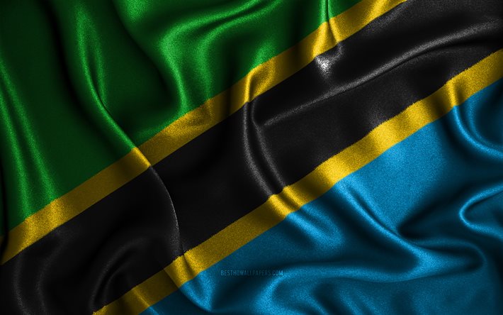 タンザニアのフラグ, 4k, シルク波旗, アフリカ諸国, 国立記号, フラグにタンザニア, 布製フラグ, 3Dアート, タンザニア, アフリカ, タンザニアの3Dフラグ