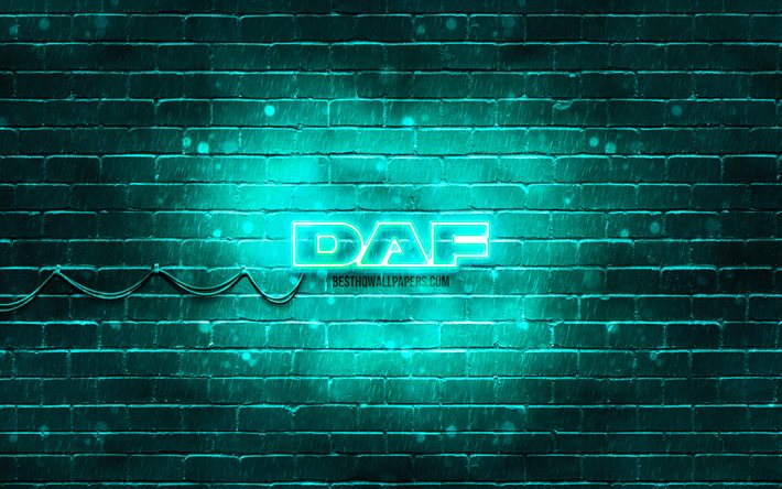 Logo DAF turchese, 4k, muro di mattoni turchese, logo DAF, marchi automobilistici, logo DAF neon, DAF