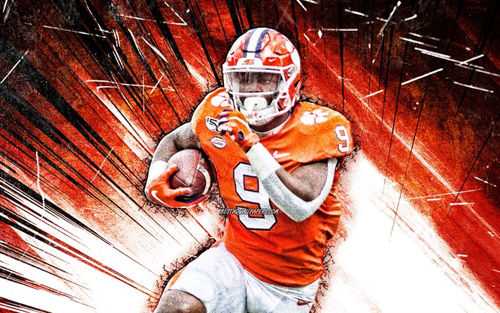 Download Wallpapers 4k Travis Etienne Grunge Art Running Back Clemson Tigers American Football Ncaa Travis Etienne Jr Orange Abstract Rays Travis Etienne Clemson Tigers Travis Etienne 4k For Desktop Free Pictures For