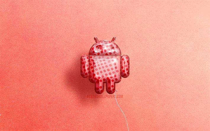 4K, logo Android 3D, grafica, palloncini rosa realistici, logo Android, sfondi rosa, Android
