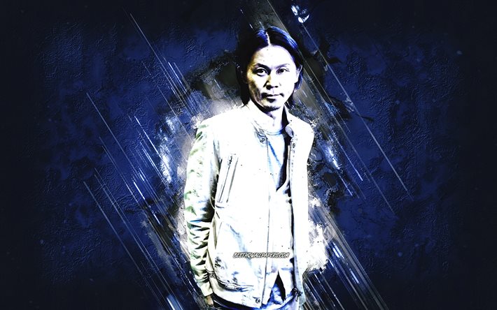 Ken Ishii, Japanese DJ, portrait, blue stone background, Ken Ishii DJ