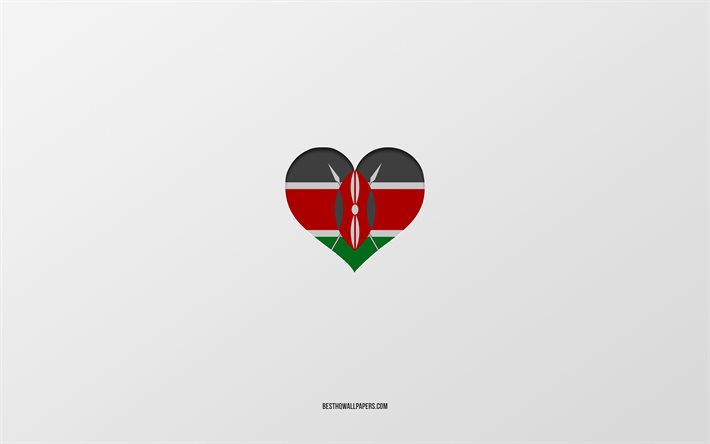 J&#39;aime le Kenya, les pays d&#39;Afrique, le Kenya, le fond gris, le coeur du drapeau du Kenya, le pays pr&#233;f&#233;r&#233;, l&#39;amour du Kenya