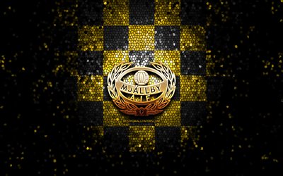 Mjallby FC, glitter logo, Allsvenskan, yellow black checkered background, soccer, swedish football club, Mjallby logo, mosaic art, football, Mjallby AIF