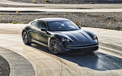 2021, Porsche Taycan 4S, 4k, vista frontale, esterno, auto elettrica, nuova Taycan 4S nera, supercar elettriche, Taycan nera, Porsche