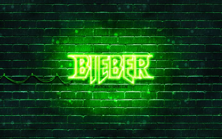 Justin Bieber vihre&#228; logo, 4k, amerikkalainen laulaja, vihre&#228; tiilisein&#228;, Justin Bieber -logo, Justin Drew Bieber, Justin Bieber, musiikkit&#228;hdet, Justin Bieber neon-logo