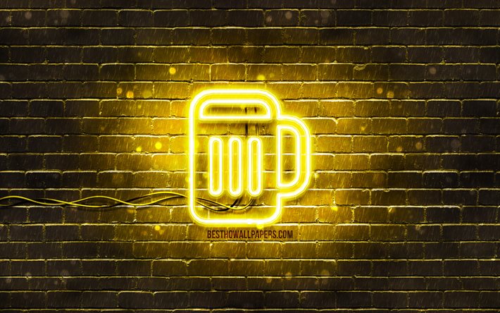 bier neon symbol, 4k, gelber hintergrund, neon symbole, bier, kreativ, bier zeichen, getr&#228;nke zeichen, bier symbol, getr&#228;nke symbole