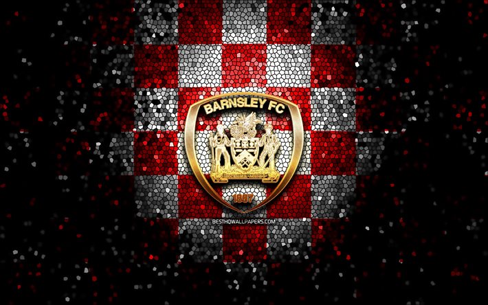 Barnsley FC, parlak logo, EFL Şampiyonası, kırmızı beyaz damalı arka plan, futbol, İngiliz futbol kul&#252;b&#252;, Barnsley logosu, mozaik sanatı, FC Barnsley