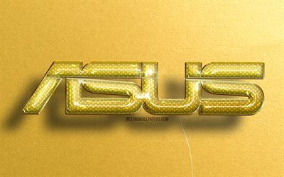 Logo Asus 3D, ballons r&#233;alistes jaunes, 4k, marques, logo Asus, arri&#232;re-plans de pierre jaune, Asus