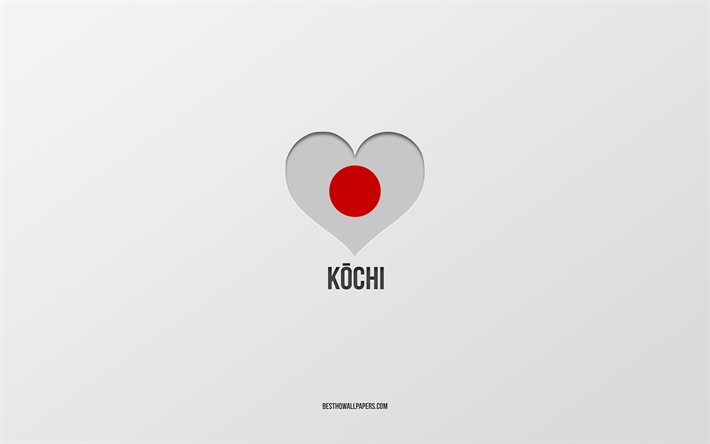 Kochi&#39;yi Seviyorum, Japon şehirleri, gri arka plan, Kochi, Japonya, Japon bayrağı kalp, favori şehirler