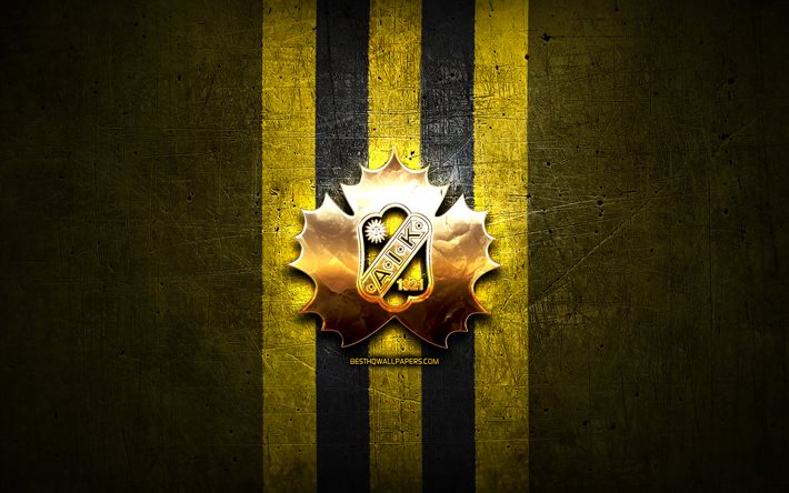 Skelleftea AIK, golden logo, SHL, yellow metal background, swedish hockey team, Swedish Hockey League, swedish hockey league, Skelleftea AIK logo, hockey