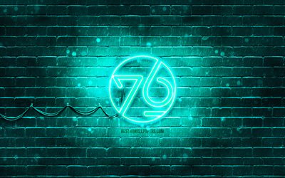 System76 turquoise logo, 4k, turquoise brickwall, Linux, System76 logo, OS, System76 neon logo, System76