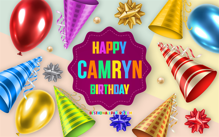 Happy Birthday Camryn, 4k, Birthday Balloon Background, Camryn, creative art, Happy Camryn birthday, silk bows, Camryn Birthday, Birthday Party Background