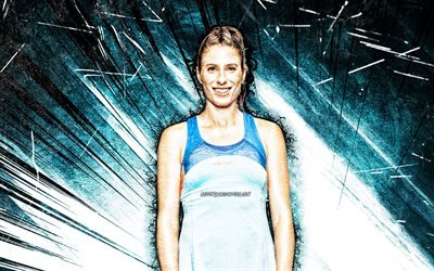 4k, Johanna Konta, grunge arte, brit&#226;nico de tenistas, WTA, azul resumo raios, t&#234;nis, f&#227; de arte, Johanna Konta 4K
