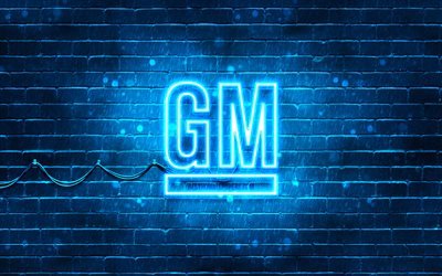 General Motors blue logo, 4k, blue brickwall, General Motors logo, cars brands, General Motors neon logo, General Motors