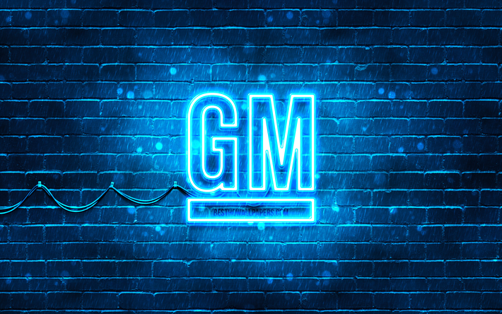 Logo blu General Motors, 4k, muro di mattoni blu, logo General Motors, marchi automobilistici, logo al neon General Motors, General Motors