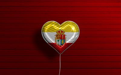 J'aime Cuenca, 4k, des ballons réalistes, un fond en bois rouge, le Jour de Cuenca, les provinces espagnoles, le drapeau de Cuenca, l'Espagne, le ballon avec le drapeau, les Provinces d'Espagne, Cuenca
