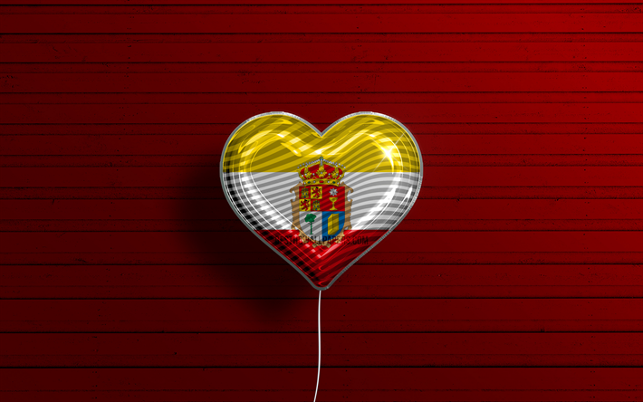 J&#39;aime Cuenca, 4k, des ballons r&#233;alistes, un fond en bois rouge, le Jour de Cuenca, les provinces espagnoles, le drapeau de Cuenca, l&#39;Espagne, le ballon avec le drapeau, les Provinces d&#39;Espagne, Cuenca