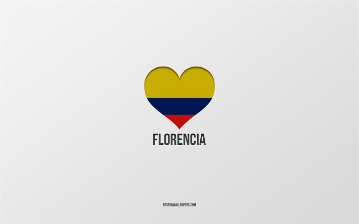 I Love Florencia, citt&#224; colombiane, Day of Florencia, sfondo grigio, Florencia, Colombia, cuore della bandiera colombiana, citt&#224; preferite, Love Florencia