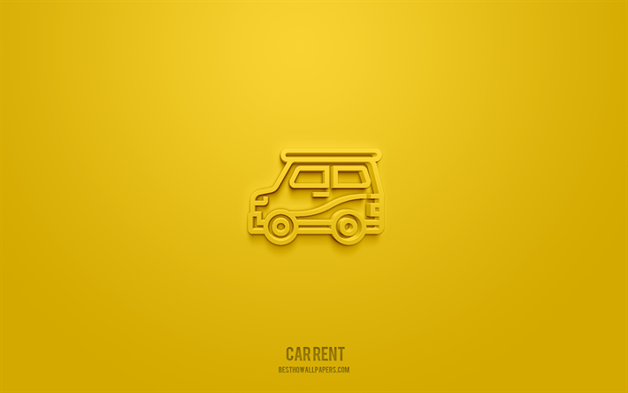 Icona di noleggio auto 3d, sfondo giallo, simboli 3d, noleggio auto, icone dell&#39;hotel, icone 3d, segno dell&#39;hotel, icone di noleggio auto 3d