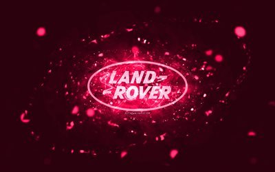 Land Rover pink logo, 4k, pink neon lights, creative, pink abstract background, Land Rover logo, cars brands, Land Rover